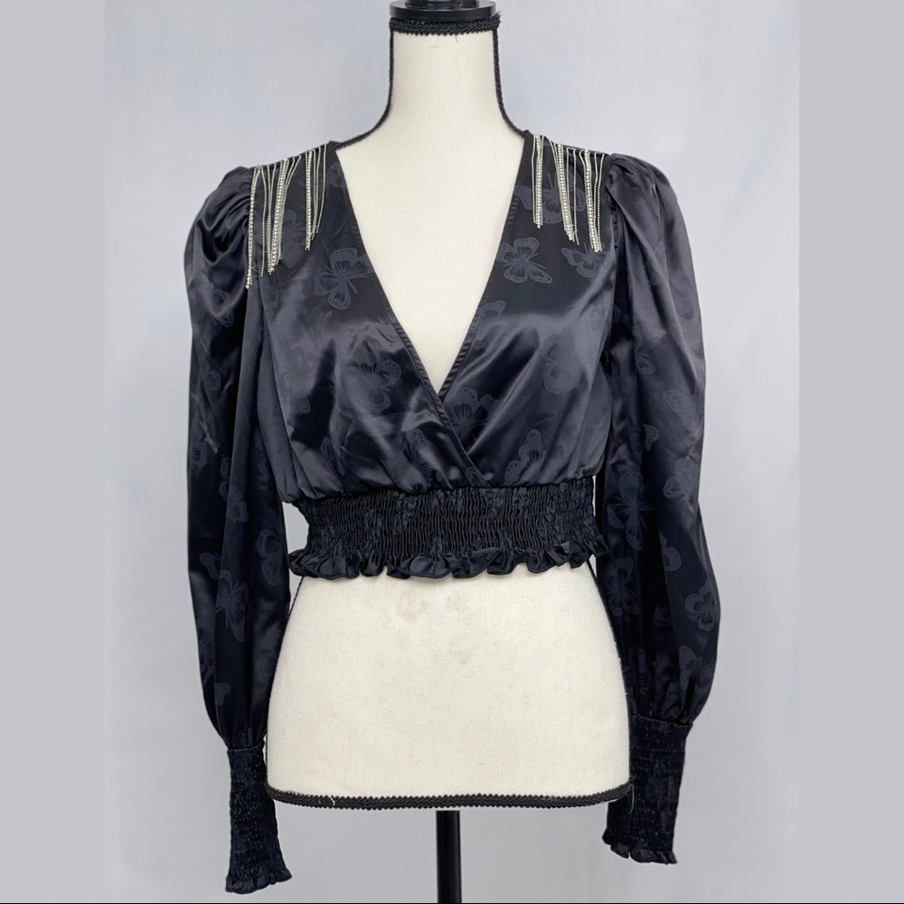 NWT SHEIN X Black Satin V Neck Long Sleeve Top